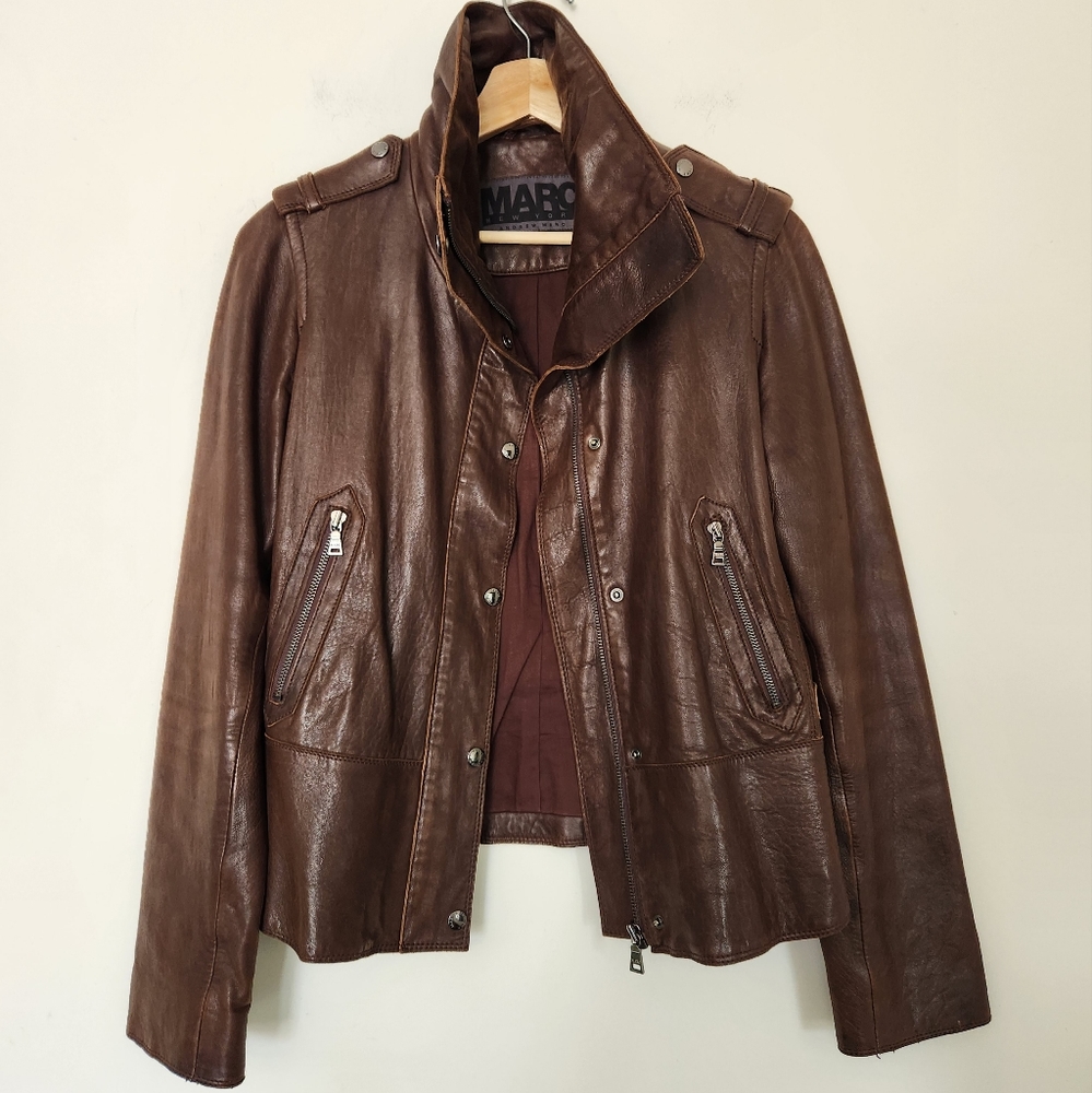 Marc New York Andrew Marc Brown Leather Funnel High Collar Jacket - Picture 2 of 15